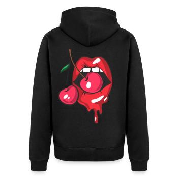 Rote Lippen und zwei Kirschen - Unisex Premium Bio Zip Hoodie - Schwarz - Hinten - Nico (187cm)