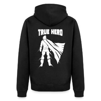 Held - Unisex Premium Bio Zip Hoodie - Schwarz - Hinten - Nico (187cm)
