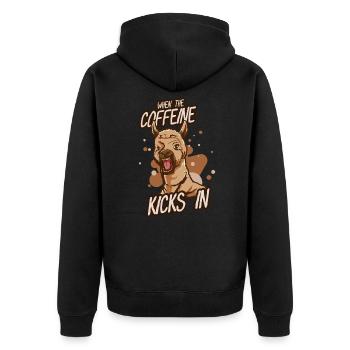 Alpaka Kamel Aufgedreht Kaffee Koffein Wild - Unisex Premium Bio Zip Hoodie - Schwarz - Hinten - Nico (187cm)
