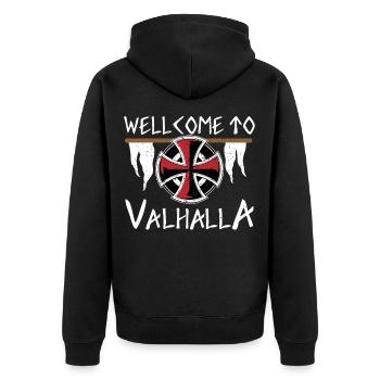 WELLCOME TO VALHALLA WILLKOMMEN IN WALHALLA VIKING - Unisex Premium Bio Zip Hoodie - Schwarz - Hinten - Nico (187cm)