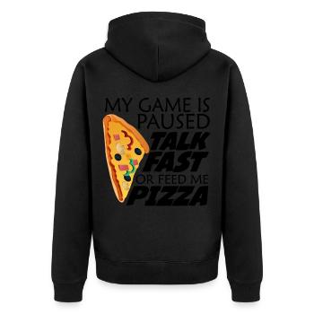 Mon jeu est en pause. Drôle disant gamer et pizza - Veste à capuche bio Premium Unisexe - noir - Dos - Nico (187cm)