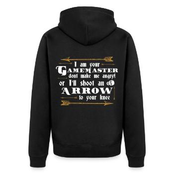 Gamemaster Arrow To The Knee | Lustig Geschenk - Unisex Premium Bio Zip Hoodie - Schwarz - Hinten - Nico (187cm)
