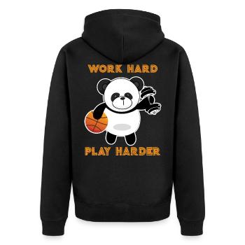 Work Hard play hard basketball Panda Tee. - Unisex Premium Bio Zip Hoodie - Schwarz - Hinten - Nico (187cm)