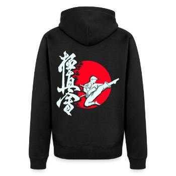 Kyokushin Karate Karatekämpfer Okinawa Karateka - Unisex Premium Bio Zip Hoodie - Schwarz - Hinten - Nico (187cm)