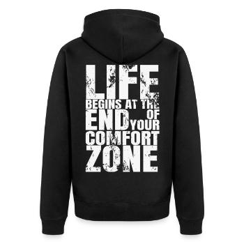 Life Begins at The End of Comfort Zone - Unisex Premium Bio Zip Hoodie - Schwarz - Hinten - Nico (187cm)
