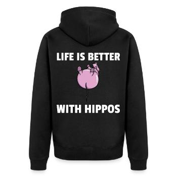 Hippo Nilpferd Flusspferd Safari Lustiges Süßes - Unisex Premium Bio Zip Hoodie - Schwarz - Hinten - Nico (187cm)