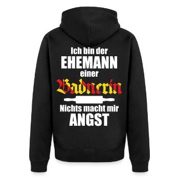 Lustiger Spruch für Ehemänner | Baden Badenerin - Unisex Premium Bio Zip Hoodie - Schwarz - Hinten - Nico (187cm)