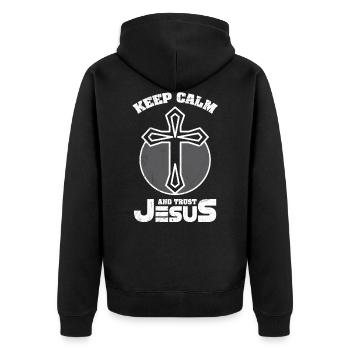 T-shirt à la mode restez calme et faites confiance à Jésus - Veste à capuche bio Premium Unisexe - noir - Dos - Nico (187cm)