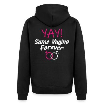 Die gleiche Vagina für immer Same Vagina for ever - Unisex Premium Bio Zip Hoodie - Schwarz - Hinten - Nico (187cm)