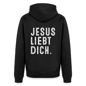 Jesus Liebt dich! - Unisex Premium Bio Zip Hoodie - Schwarz - Hinten - Nico (187cm)