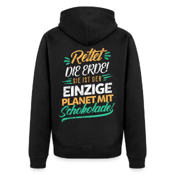 Schokolade Klimaschutz - Unisex Premium Bio Zip Hoodie - Schwarz - Hinten - Nico (187cm)