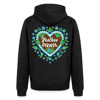 85 Lebkuchenherz Blumen Fesches Dirndl - Unisex Premium Bio Zip Hoodie - Schwarz - Hinten - Nico (187cm)