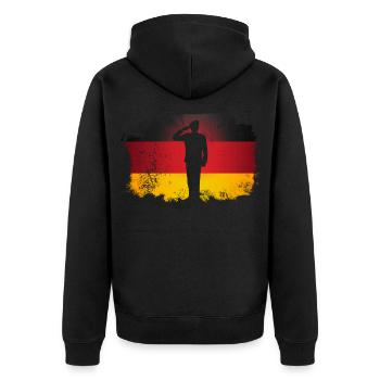 Bundeswehr Soldat salutiert vor deutscher Flagge - Unisex Premium Bio Zip Hoodie - Schwarz - Hinten - Nico (187cm)