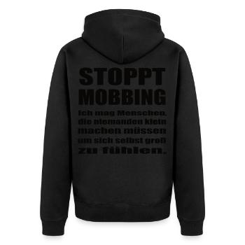 Against mobbing - Unisex Premium Organic Zip Hoodie - black - Back - Nico (187cm)