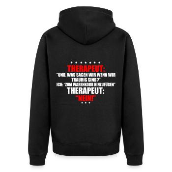 WAS SAGEN WIR WENN WIR TRAURIG SIND? - Unisex Premium Bio Zip Hoodie - Schwarz - Hinten - Nico (187cm)