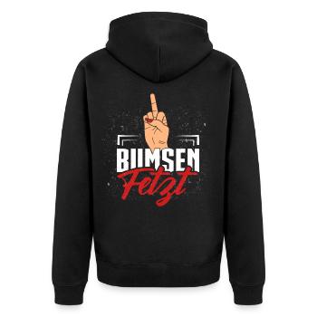 Bumsen Fetzt | Illustration mit Mittelfinger - Unisex Premium Bio Zip Hoodie - Schwarz - Hinten - Nico (187cm)