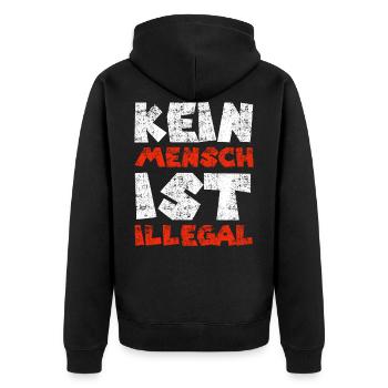 Kein Mensch ist illegal - Unisex Premium Bio Zip Hoodie - Schwarz - Hinten - Nico (187cm)