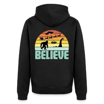 Believe Santa Claus Bigfood Nessie UFO Retro Sonne - Unisex Premium Bio Zip Hoodie - Schwarz - Hinten - Nico (187cm)