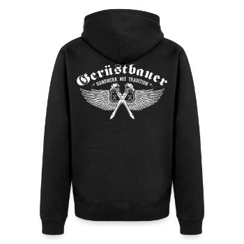 Gerüstbauer Shirt bedruckt in top Markenqualität - Unisex Premium Bio Zip Hoodie - Schwarz - Hinten - Nico (187cm)