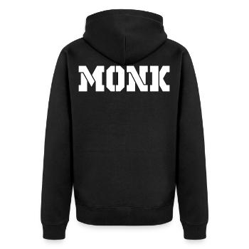 MONK white - Unisex Premium Bio Zip Hoodie - Schwarz - Hinten - Nico (187cm)