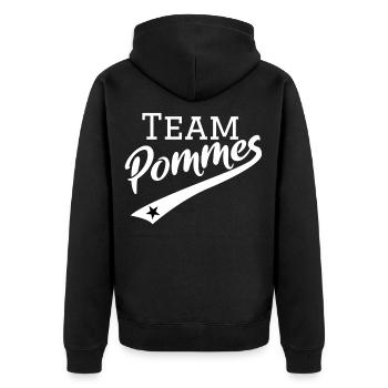 Pommes | Team Pommes retro mit stern, Gaming Style - Unisex Premium Bio Zip Hoodie - Schwarz - Hinten - Nico (187cm)