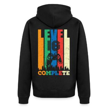 Stufe 16 Komplett 16 Jahre 16 Jahre 16. Geburtstag - Unisex Premium Bio Zip Hoodie - Schwarz - Hinten - Nico (187cm)