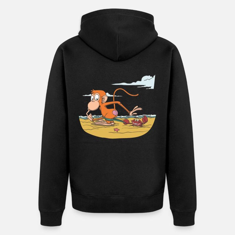 Affe am Strand mit Krabbe - Unisex Premium Bio Zip Hoodie - Schwarz