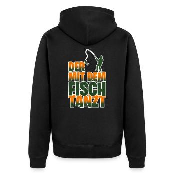 Der Mit Dem Fisch Tanzt Fischer Angler Geschenk - Unisex Premium Bio Zip Hoodie - Schwarz - Hinten - Nico (187cm)