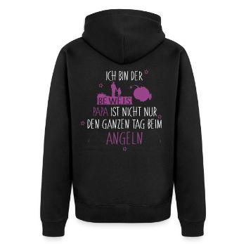 Ich bin der Beweis Anglerpapa Mädchen - Unisex Premium Bio Zip Hoodie - Schwarz - Hinten - Nico (187cm)