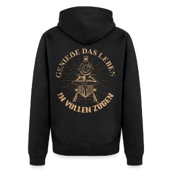 Eisenbahn Wortspiel - Unisex Premium Bio Zip Hoodie - Schwarz - Hinten - Nico (187cm)