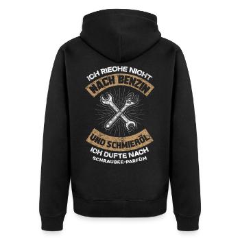 Mechaniker Parfüm - Unisex Premium Bio Zip Hoodie - Schwarz - Hinten - Nico (187cm)