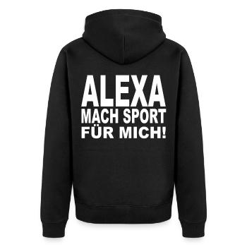 Alexa mach sport für mich - Unisex Premium Bio Zip Hoodie - Schwarz - Hinten - Nico (187cm)