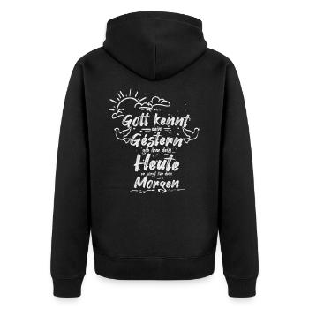 Gott sorgt für dein Morgen - Unisex Premium Bio Zip Hoodie - Schwarz - Hinten - Nico (187cm)