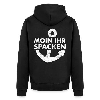 Moin Ihr Spacken - Unisex Premium Bio Zip Hoodie - Schwarz - Hinten - Nico (187cm)