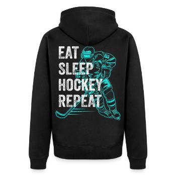 Eat Sleep Hockey Repeat Eishockey Spruch Vintage - Unisex Premium Bio Zip Hoodie - Schwarz - Hinten - Nico (187cm)