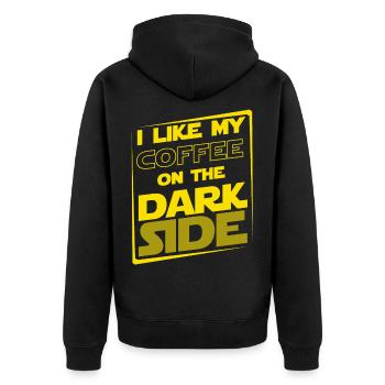 I LIKE MY COFFEE ON THE DARK SIDE Sprüche T-Shirt - Unisex Premium Bio Zip Hoodie - Schwarz - Hinten - Nico (187cm)