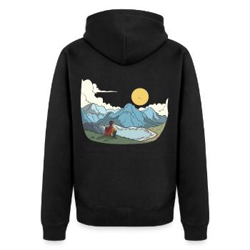 View of mountains, lakes and peaks - Unisex Premium Organic Zip Hoodie - black - Back - Nico (187cm)