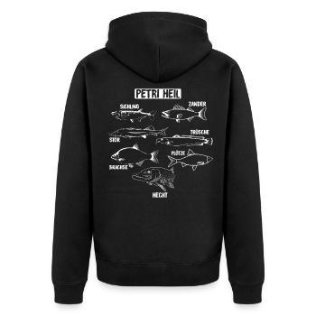 Petri Heil Angeln FIsche Süßwasserfische - Unisex Premium Bio Zip Hoodie - Schwarz - Hinten - Nico (187cm)