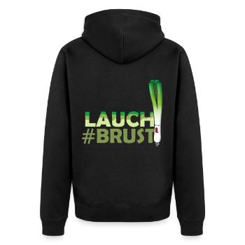 LAUCH #BRUST FITNESS TRAINING MUSKULÖS - Unisex Premium Bio Zip Hoodie - Schwarz - Hinten - Nico (187cm)