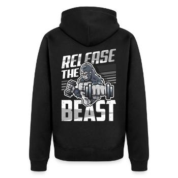 Bodybuilding Starker Mann - Unisex Premium Bio Zip Hoodie - Schwarz - Hinten - Nico (187cm)
