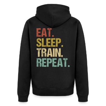 Eat Sleep Train Repeat Retro Design - Unisex Premium Bio Zip Hoodie - Schwarz - Hinten - Nico (187cm)