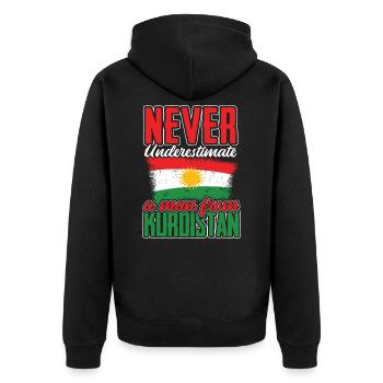 Unterschätze niemals einen Mann aus Kurdistan - Unisex Premium Bio Zip Hoodie - Schwarz - Hinten - Nico (187cm)