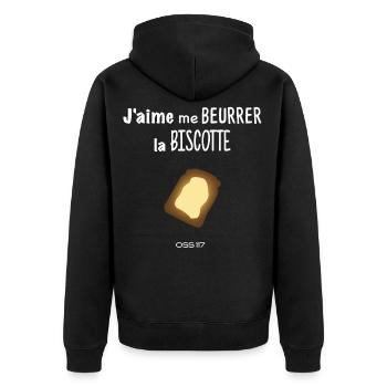 J'aime me beurrer la biscotte Oss117 phrase culte - Veste à capuche bio Premium Unisexe - noir - Dos - Nico (187cm)