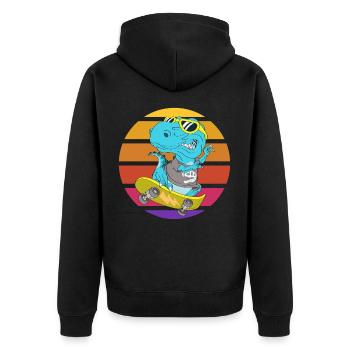 Skater Dinosaurier TRex - Unisex Premium Bio Zip Hoodie - Schwarz - Hinten - Nico (187cm)