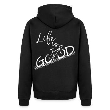 Fahrrad Fully lustig positiv Radsport Rennrad - Unisex Premium Bio Zip Hoodie - Schwarz - Hinten - Nico (187cm)