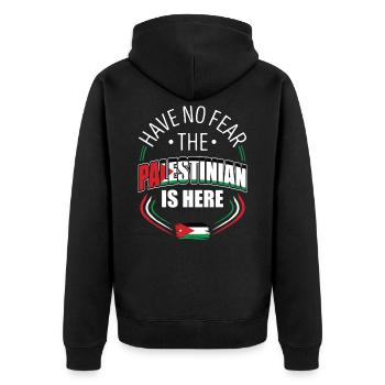 Don't worry, the Palestinian is here - Unisex Premium Organic Zip Hoodie - black - Back - Nico (187cm)