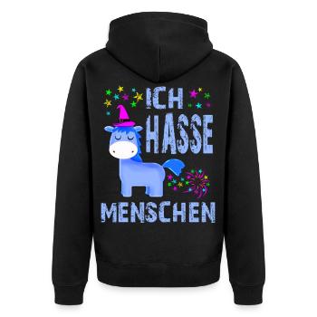 Ich hasse Menschen - lustiges Motiv mit Einhorn! - Unisex Premium Bio Zip Hoodie - Schwarz - Hinten - Nico (187cm)