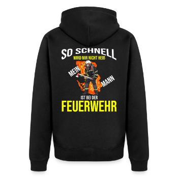 Spruch So schnell wird mir nicht heiß Feuerwehr - Unisex Premium Bio Zip Hoodie - Schwarz - Hinten - Nico (187cm)