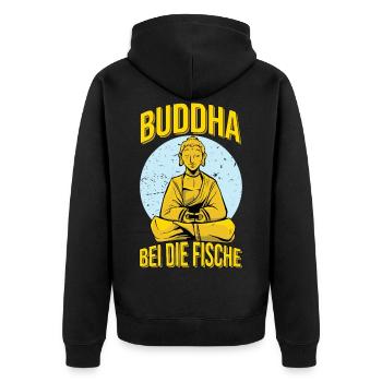 Buddha bei die Fische Spruch - Unisex Premium Bio Zip Hoodie - Schwarz - Hinten - Nico (187cm)