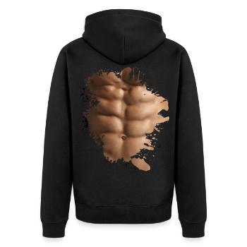 Sixpack Sport Fitness lustig Fun - Unisex Premium Bio Zip Hoodie - Schwarz - Hinten - Nico (187cm)
